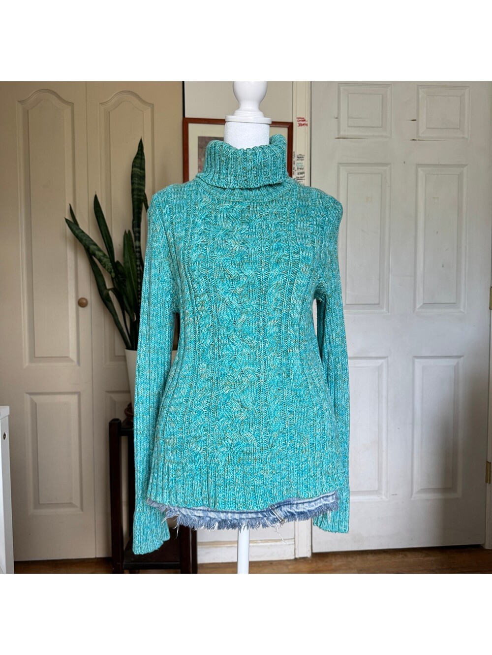 Women's Turquoise Cable Knit Turtleneck Sweater